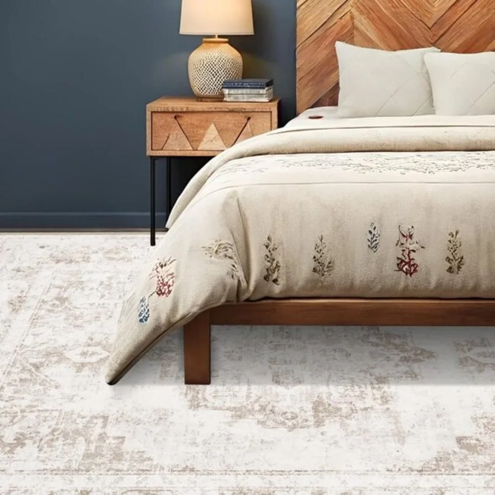New 6x9 Vintage Beige Area Rug, Washable Low Pile Distressed Medallion Carpet
